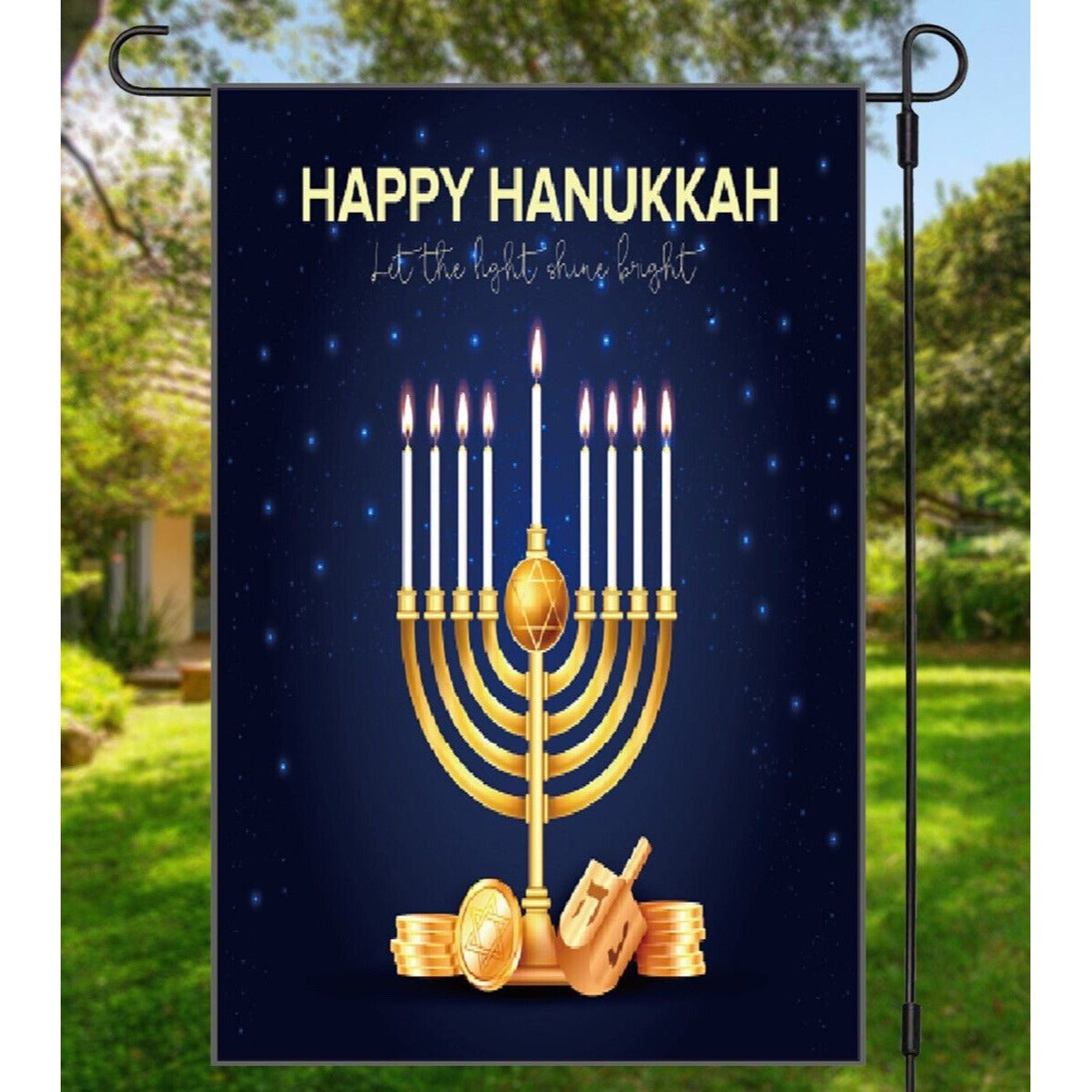 Happy Hanukkah Garden Flag 2 Sided Double Side Let the Light Shine Bright NEW