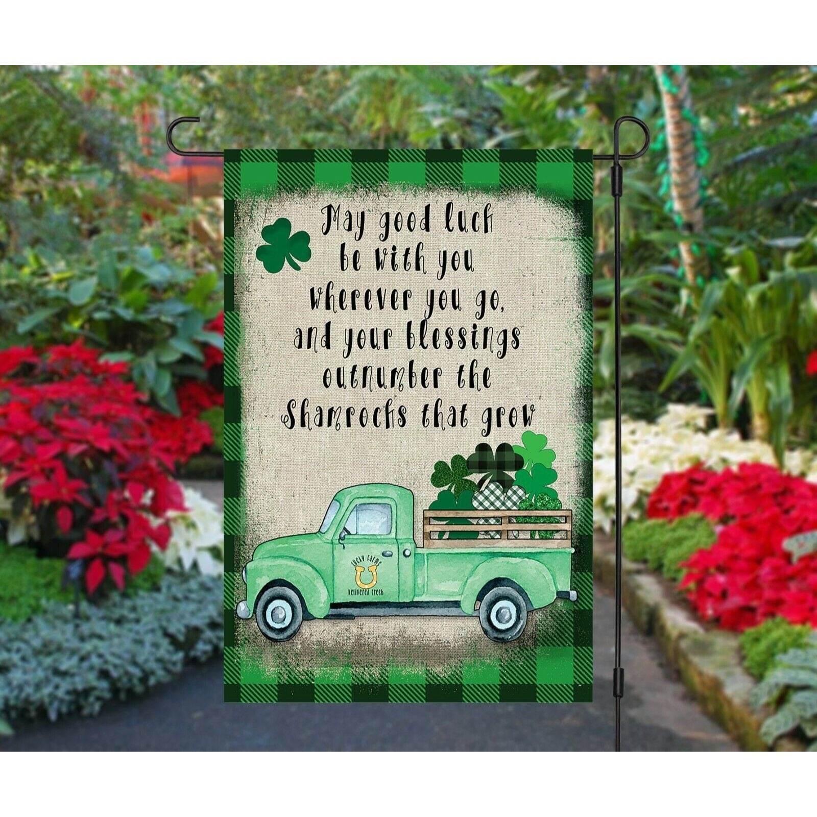 St Patrick's Day Garden Flag Irish Blessing on Green Plaid & Shamrock Truck NEW