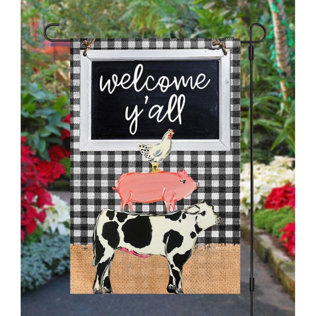 Country Farmhouse Garden Flag Animals Welcome Y’all Double Sided Chicken Pig Cow