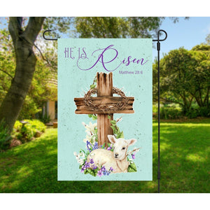 Easter Garden Flag HE IS RISEN Religious Cross Lamb 12 x 18  Bible Matthew 28:6