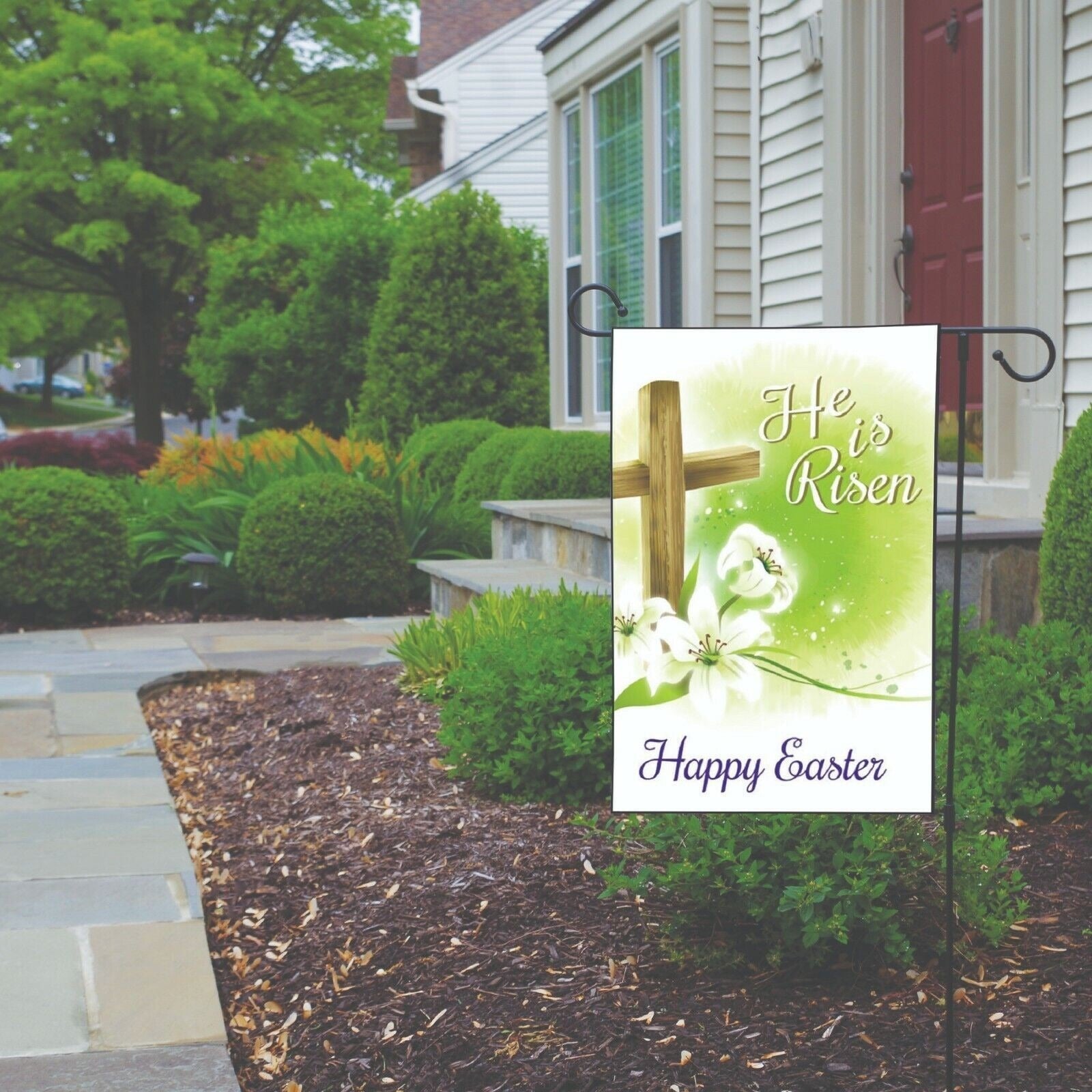 HE IS RISEN Happy Easter Garden Flag Religious Inspirational Cross Theme 12 x 18