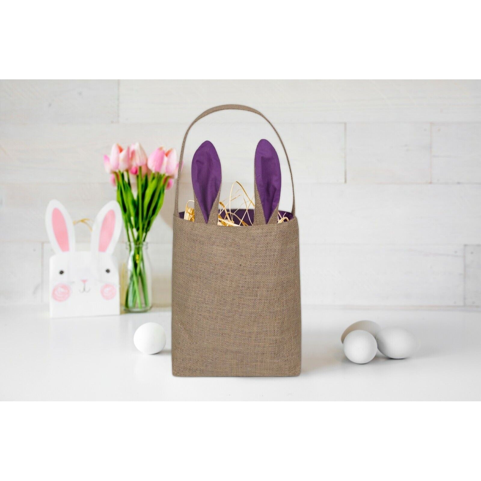 Easter Egg Hunt Basket Bag - Purple Bunny Rabbit Ear Design Reusable Gift Bag