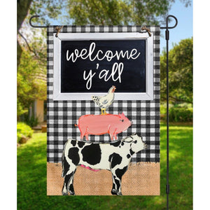 Country Farmhouse Garden Flag Animals Welcome Y’all Double Sided Chicken Pig Cow