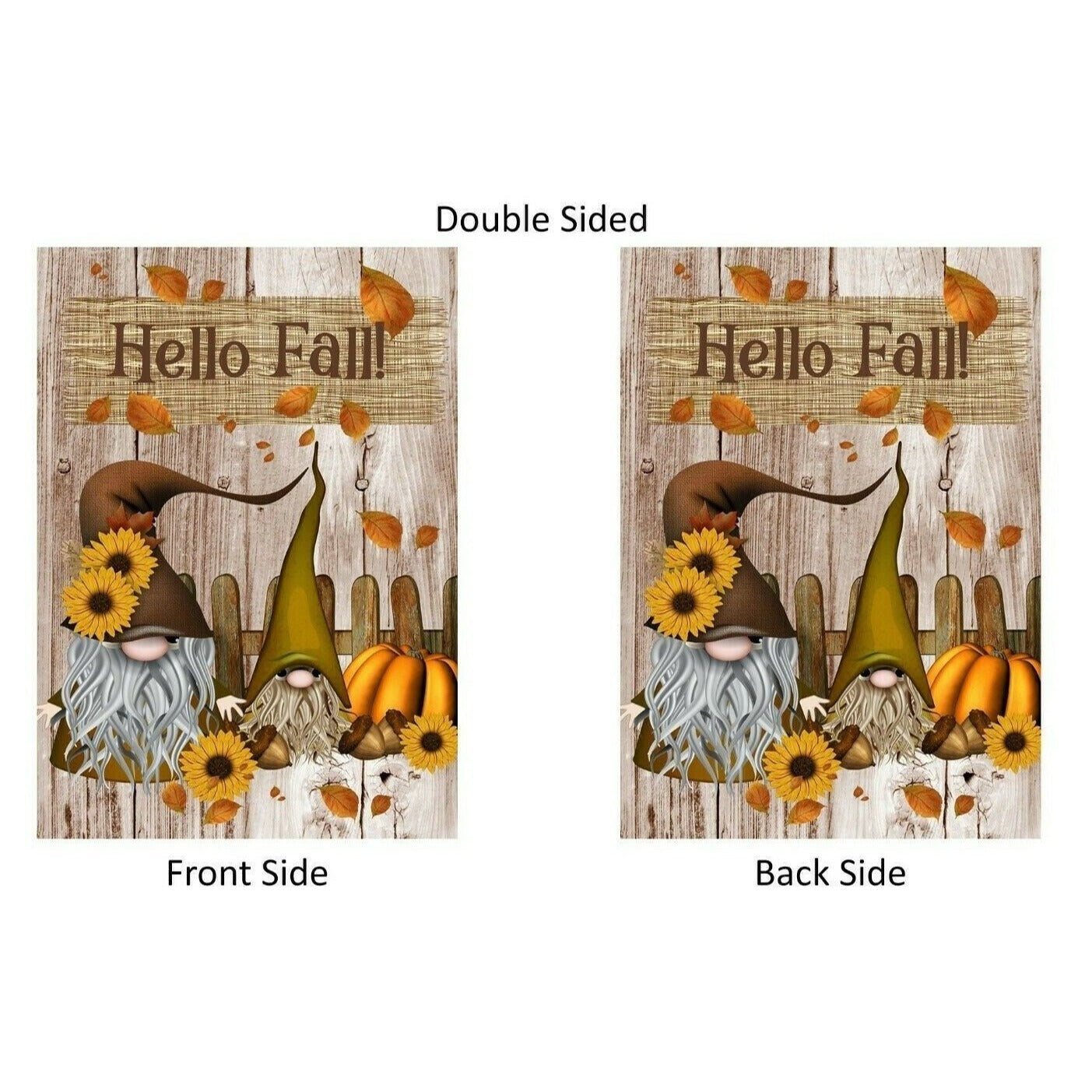 HELLO FALL Gnome Garden Flag Double Sided Fall Gnomes with Pumpkin Leaves NEW