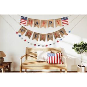 Patriotic Burlap Bunting Banner Happy 4th of July Garland with Flag Pennants Independence Day Red White Blue Star Garland Ready to Hang