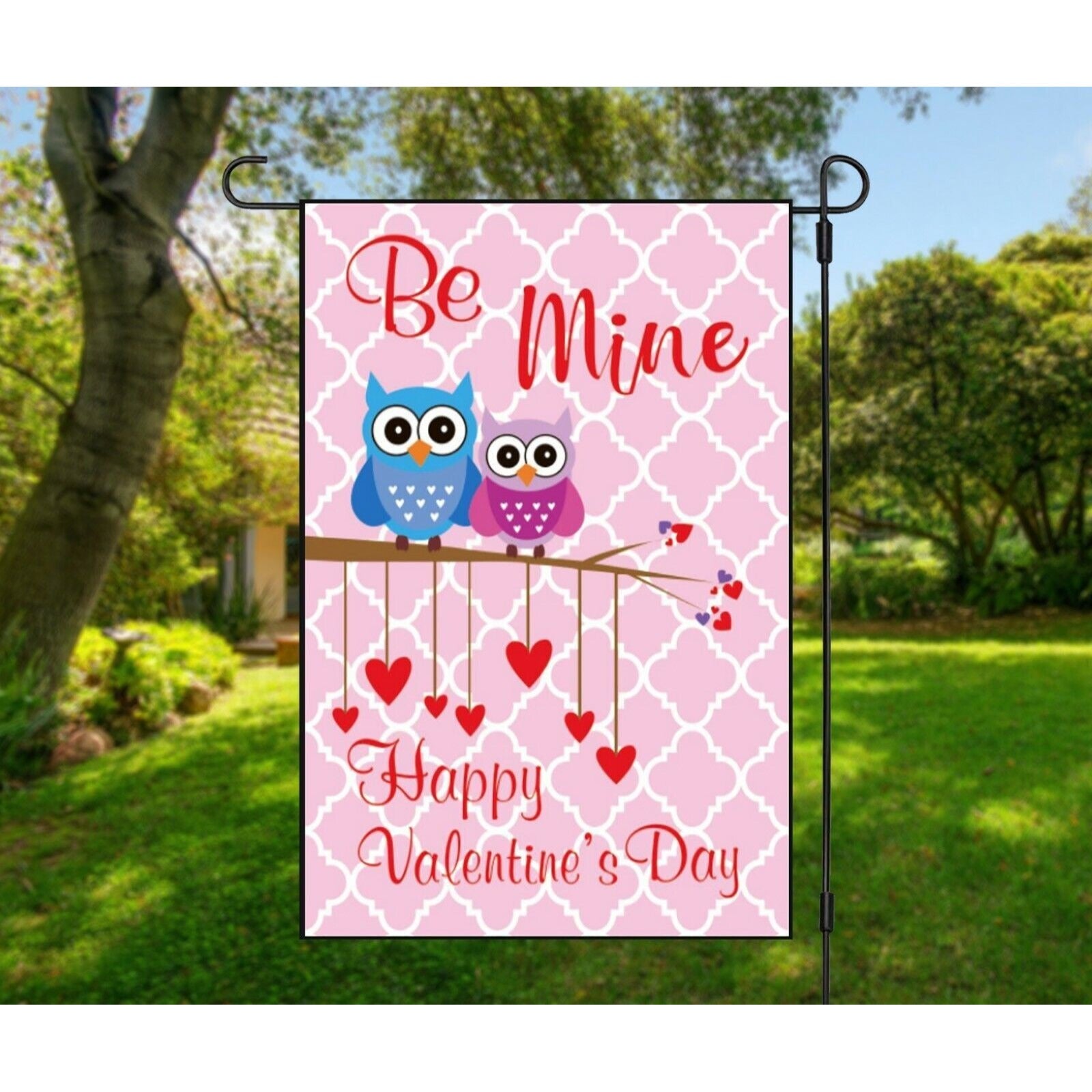 Pink Owl Be Mine Valentines Day Garden Flag Valentine's Day Owls Hearts Love NEW