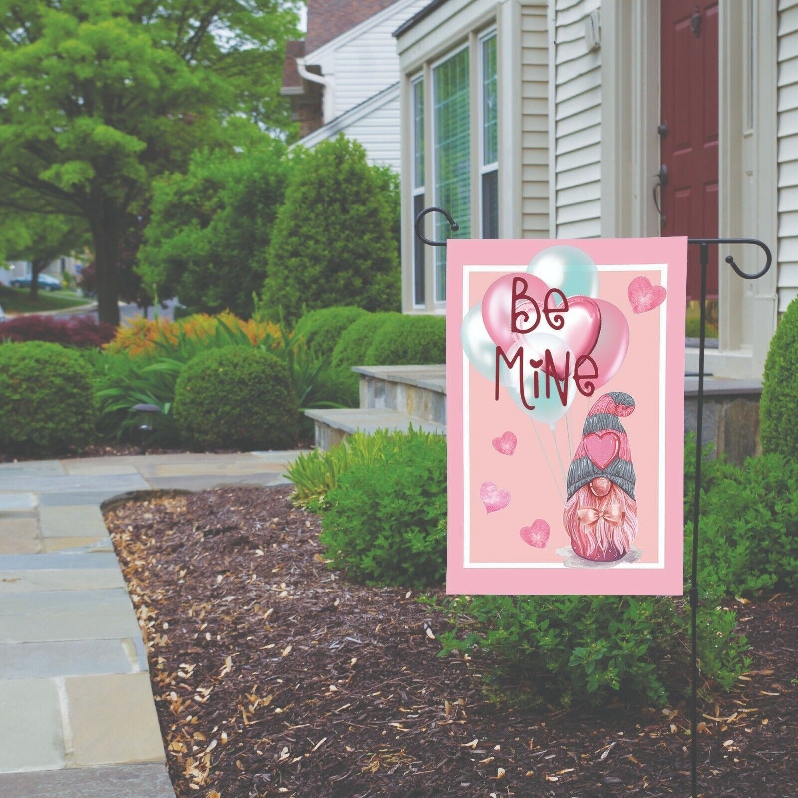 Pink Gnome Valentines Day Garden Flag Valentine's Day Heart Balloons BE MINE New