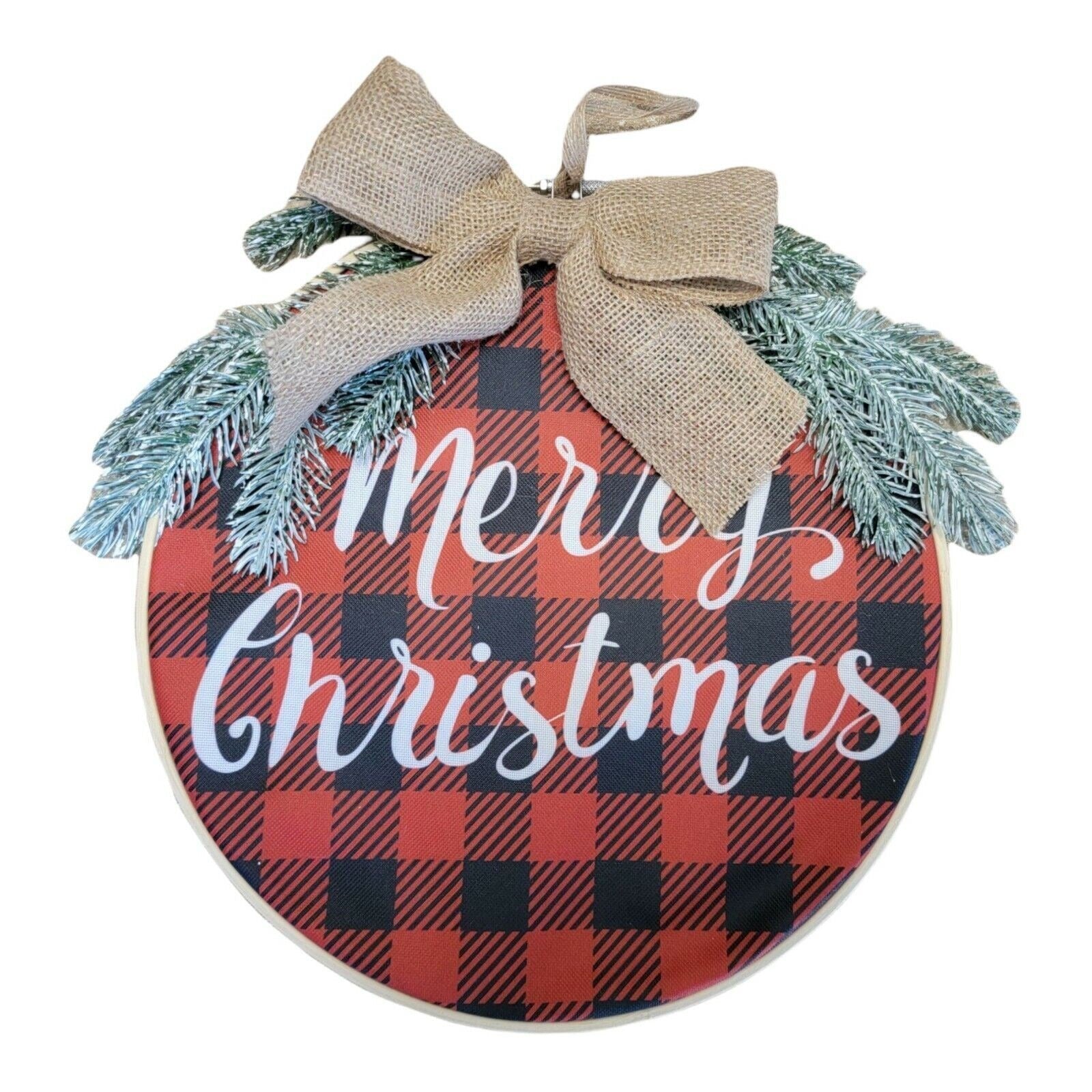 MERRY CHRISTMAS Sign for Front Door Hanger Buffalo Plaid Wreath Embroidery Hoop