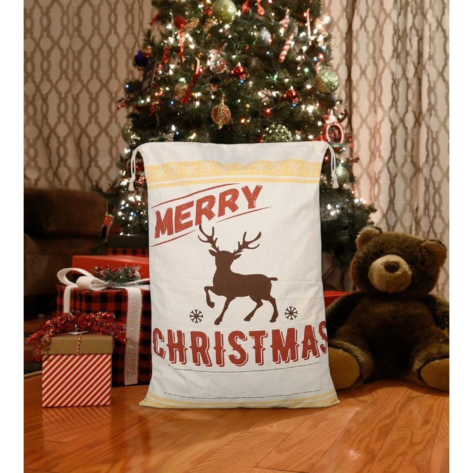 Reindeer Christmas Bag Santa Claus Sack Cotton XMAS Childrens Gift Bags