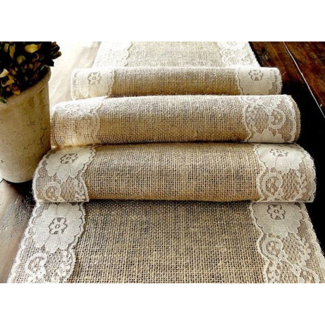 Long Burlap Table Runner with White Lace for Wedding Baby Bridal Shower 12 x 72