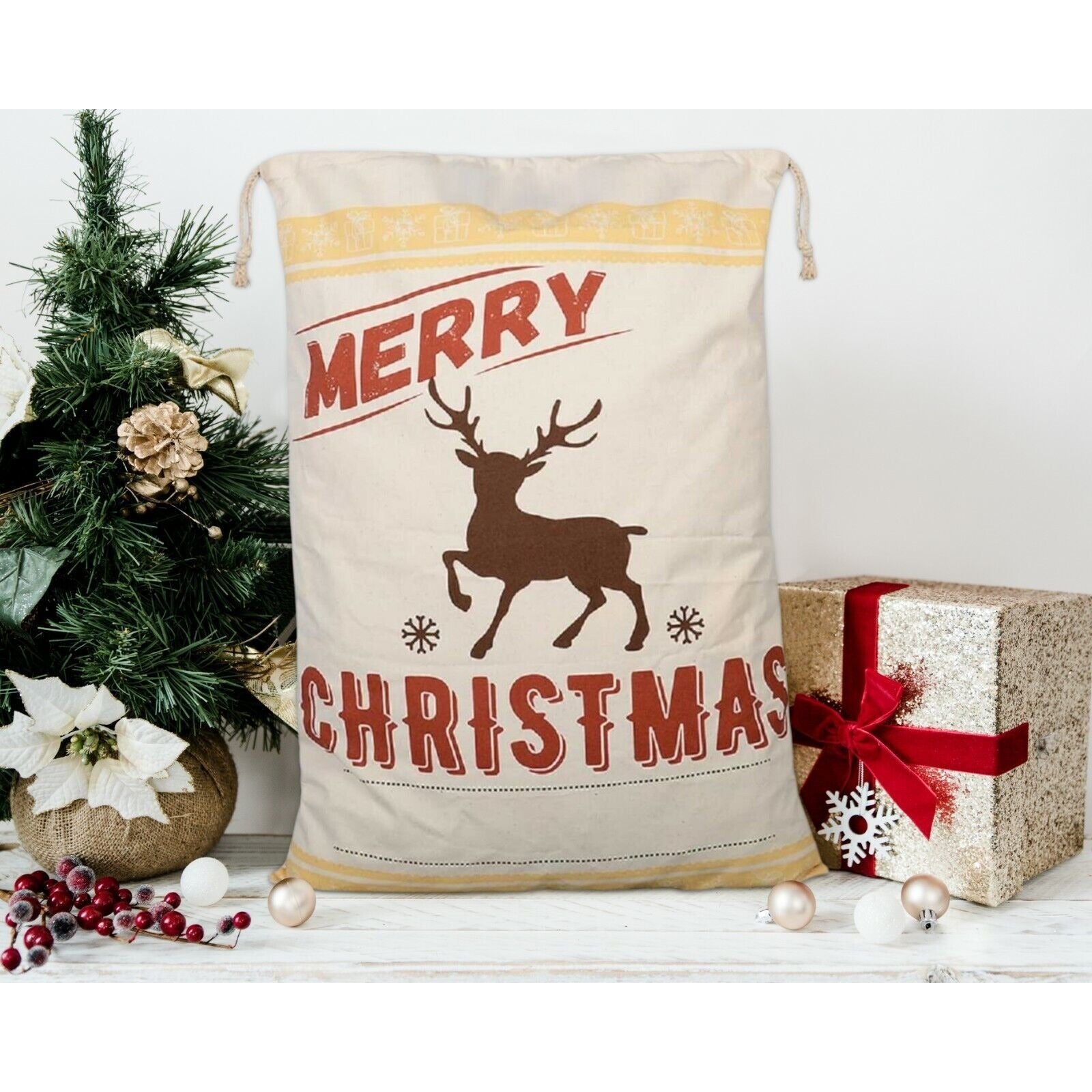 Reindeer Christmas Bag Santa Claus Sack Cotton XMAS Childrens Gift Bags