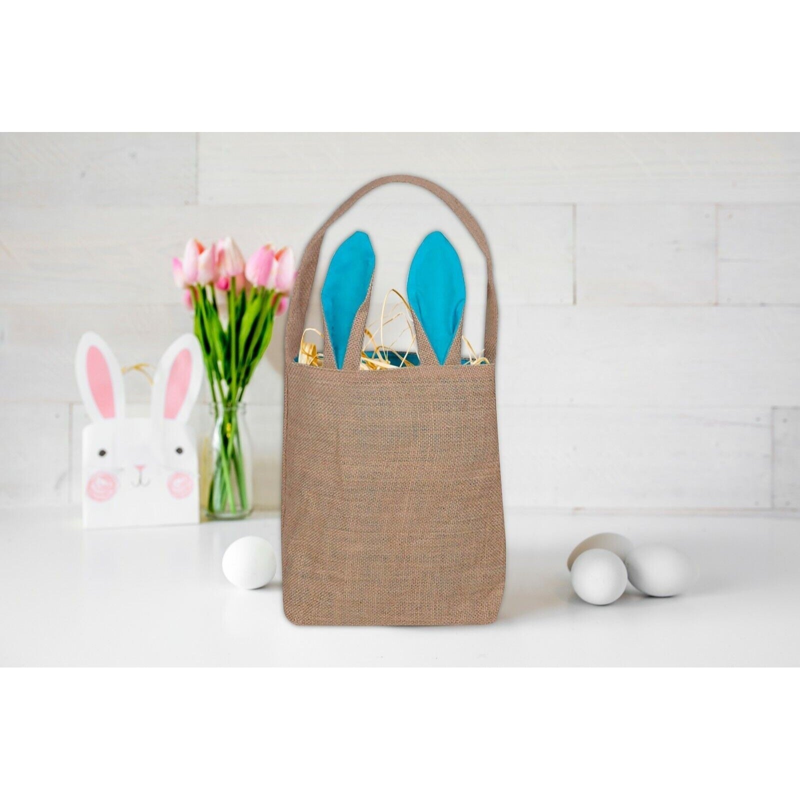 Easter Egg Hunt Basket Bag  Bunny Rabbit Light Blue Ear Design Reusable Book Bag