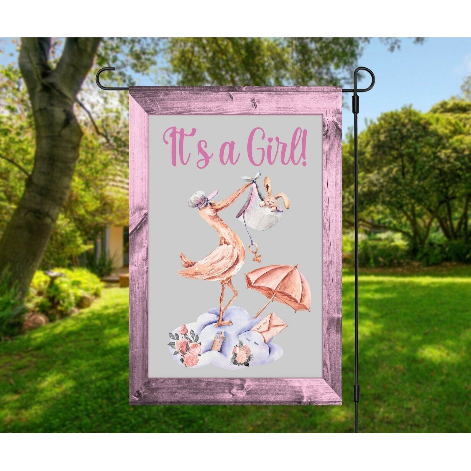 IT'S A GIRL Garden Flag Stork Bringing New Baby Double Sided Shower Arrival Sign NEW