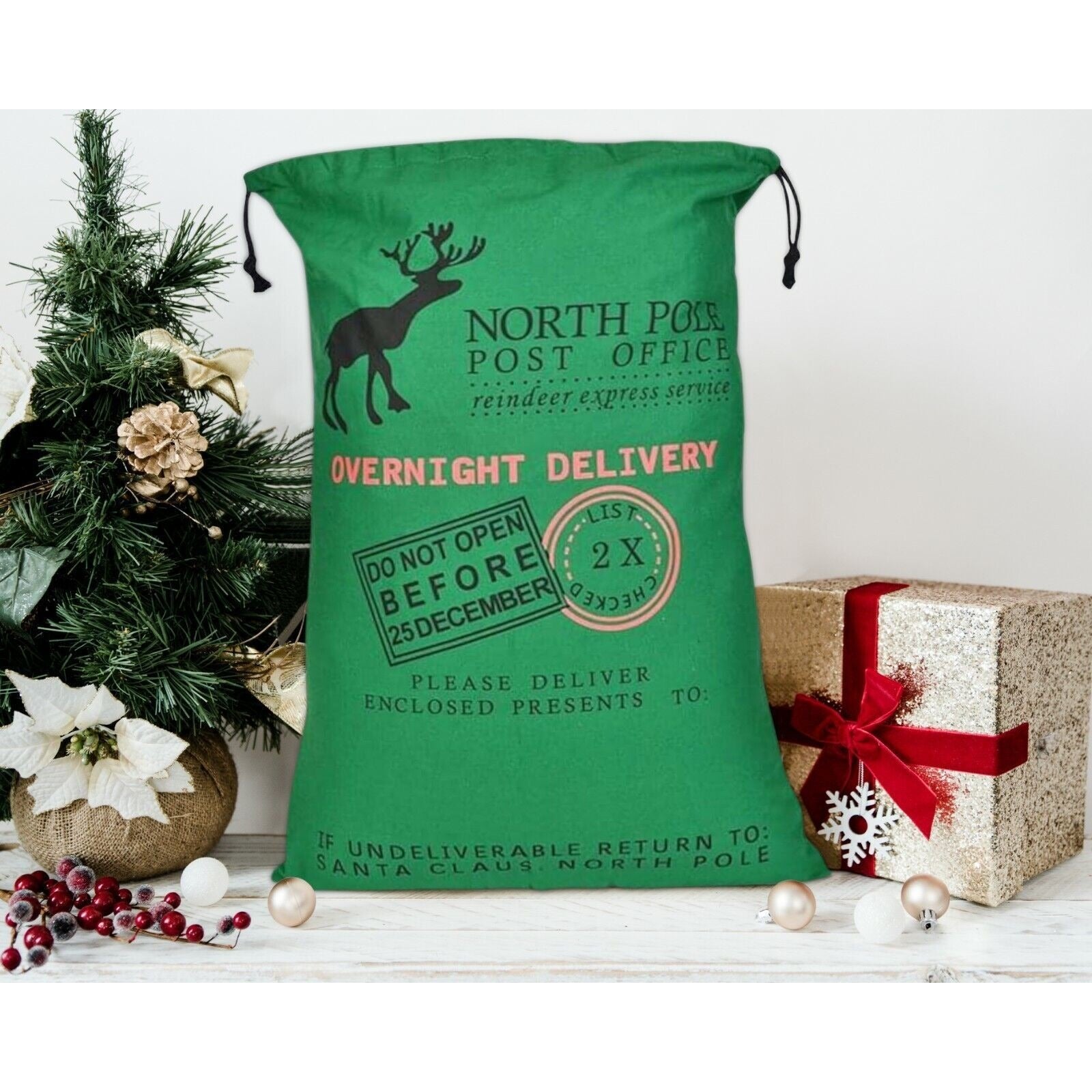 Green Christmas Bag Santa Claus Sack Reindeer Cotton XMAS Childrens Gift Bags