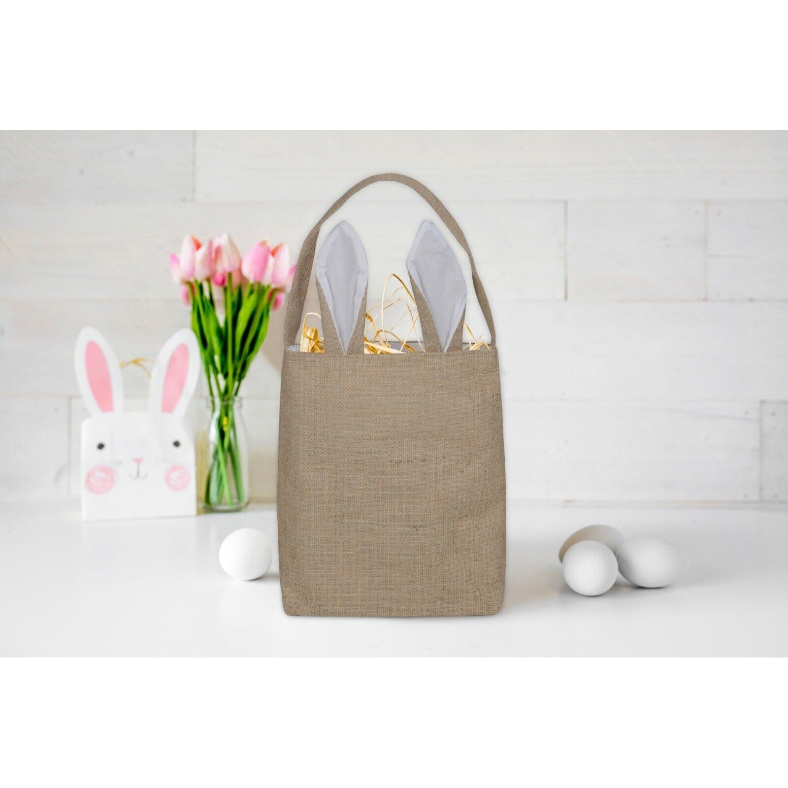 Easter Egg Hunt Basket Bag Bunny Rabbit White Ears Design Reusable Gift Bag NEW