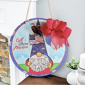Patriotic Gnome Door Hanger Wreath God Bless America Gnome Wreath Wood with bow
