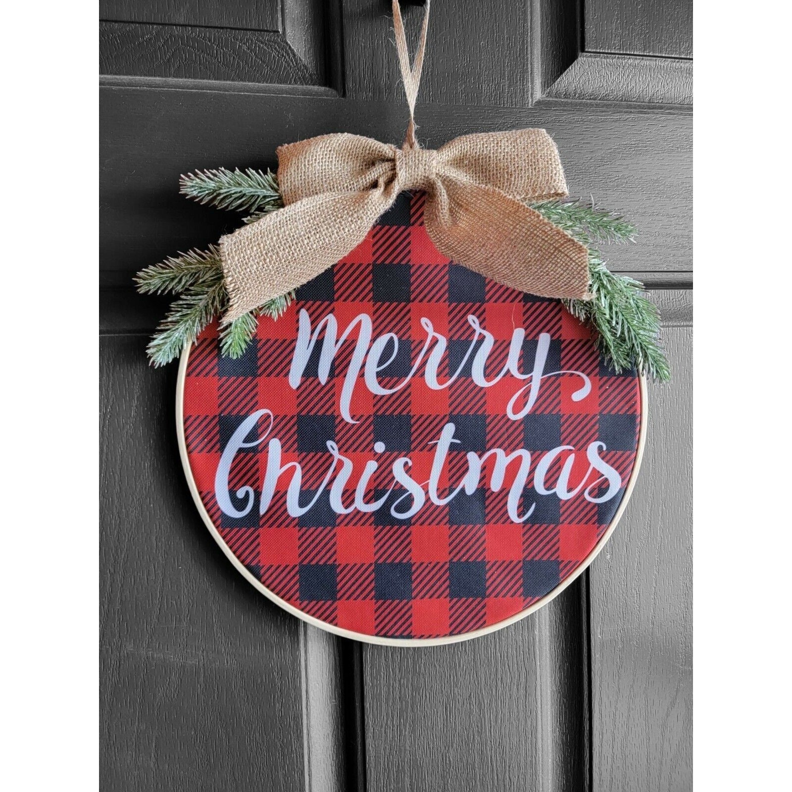 MERRY CHRISTMAS Sign for Front Door Hanger Buffalo Plaid Wreath Embroidery Hoop