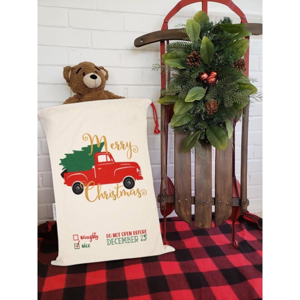 Red Truck and Tree Christmas Bag Santa Claus Sack Cotton XMAS Gift Bags NEW