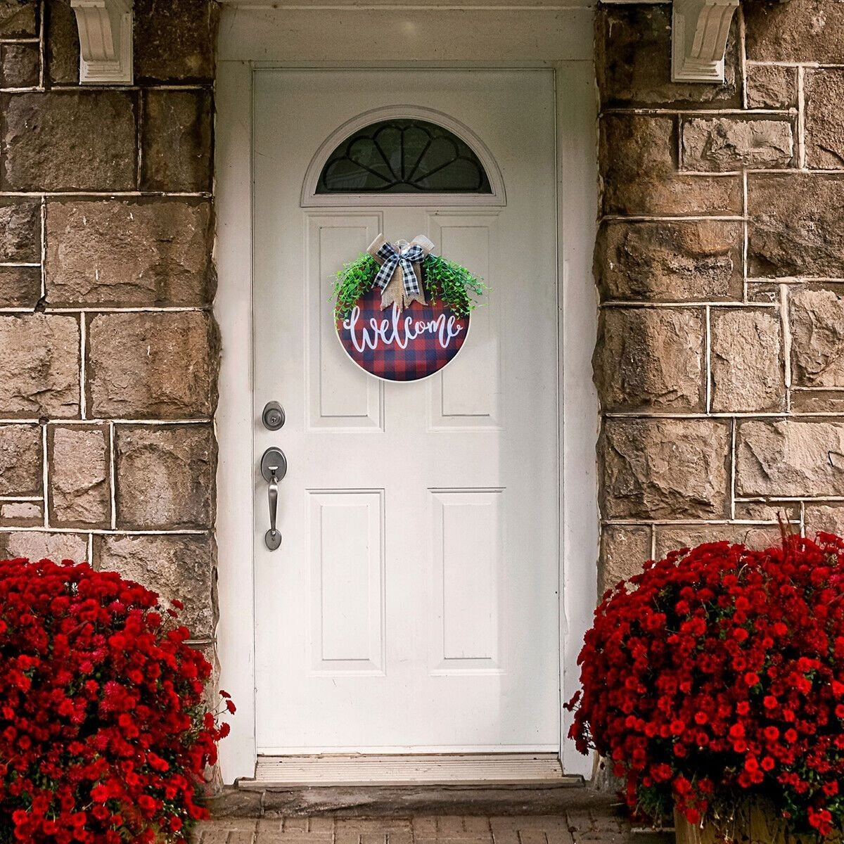 Welcome Sign for Front Door Hanger - Buffalo Plaid Wreath on Embroidery Hoop