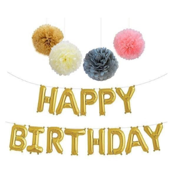 Happy Birthday Gold Balloon Banner with Tissue Paper Pom Poms - Easy DIY NEW