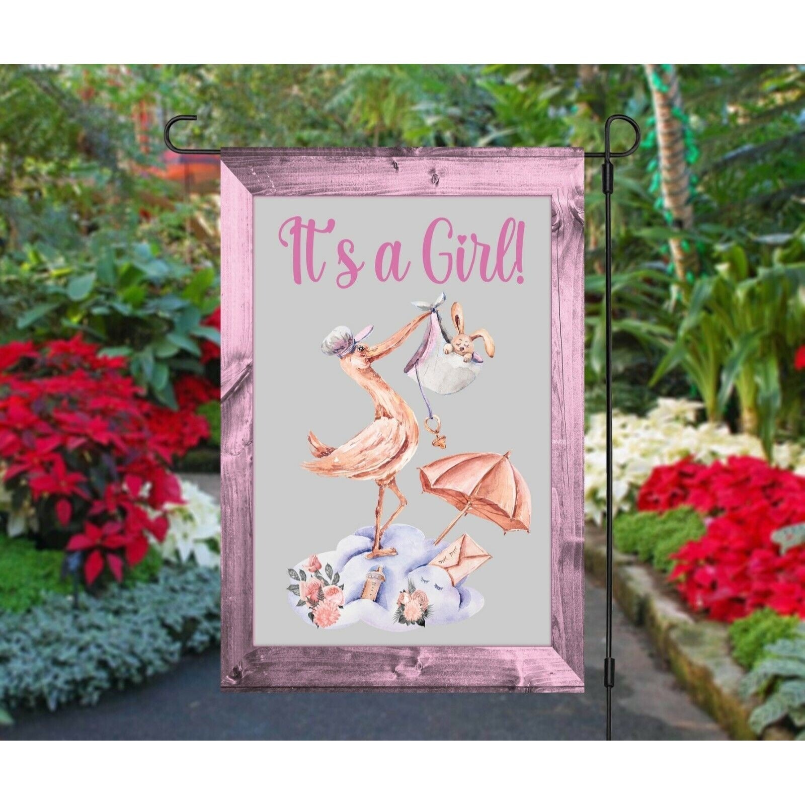 IT'S A GIRL Garden Flag Stork Bringing New Baby Double Sided Shower Arrival Sign NEW