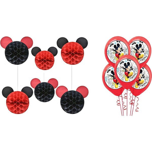 Mickey Birthday Party Balloons & 6 Mickey Mouse Honeycomb Balls Red Black NEW