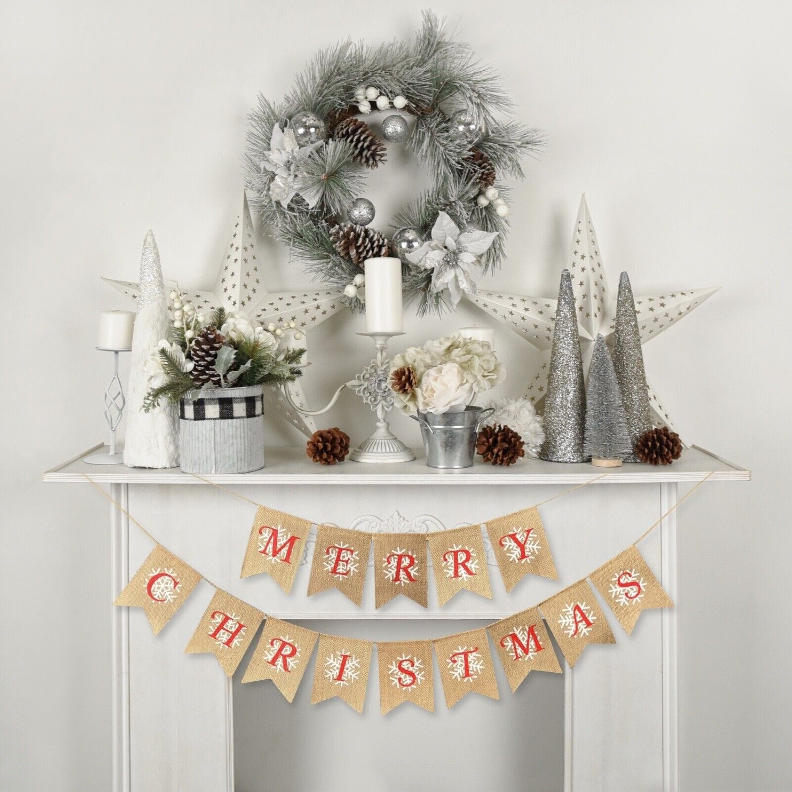 Merry Christmas Burlap Garland Banner - Christmas Party Winter Snowflake Sign