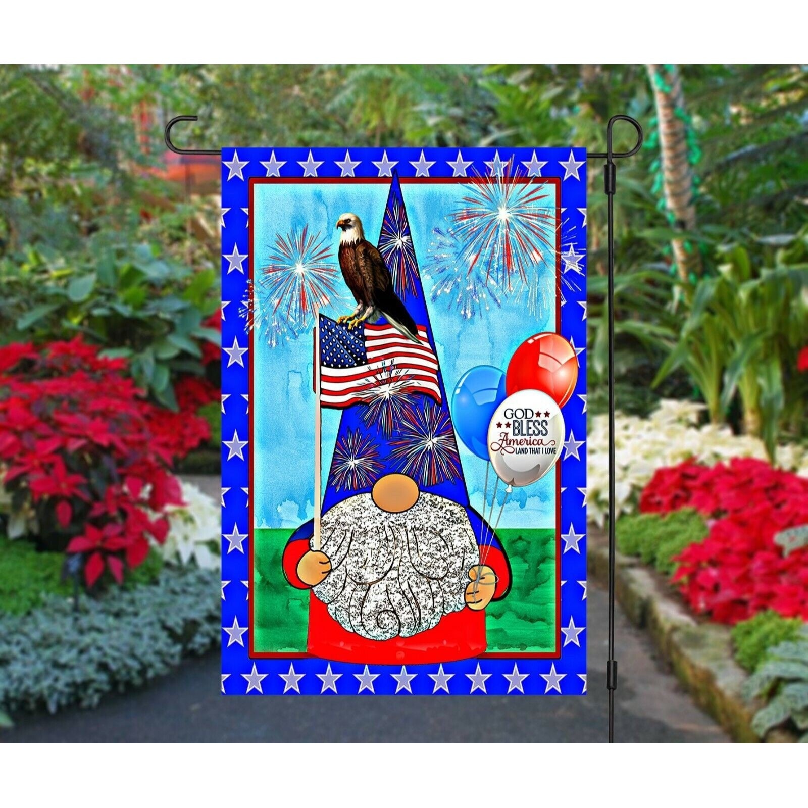 GOD BLESS AMERICA Gnome Garden Flag Eagle Double Sided Patriotic 4th of July NEW