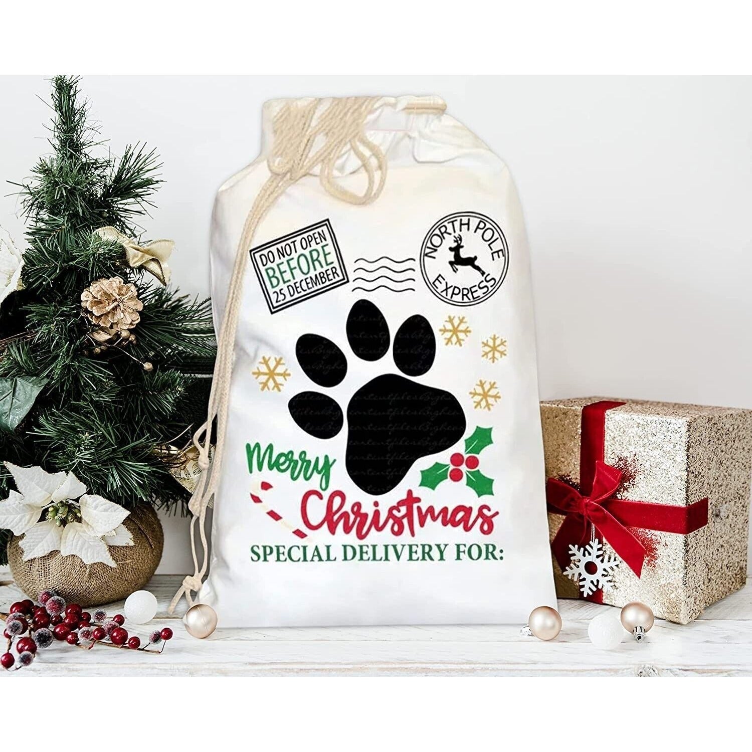 Pet Christmas Drawstring Bag Santa Sack - Reusable Gift Christmas Bag for Dogs