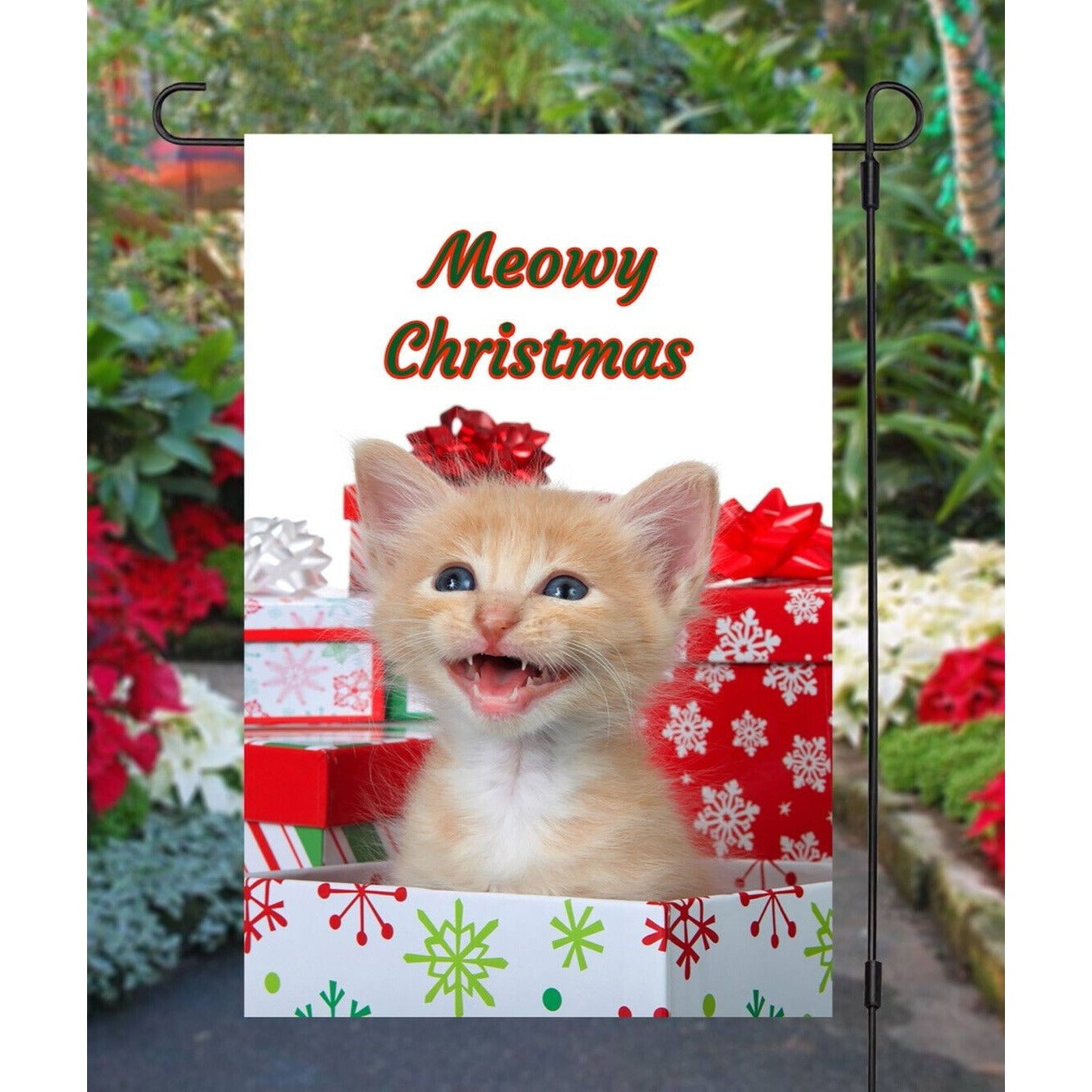 MEOWY CHRISTMAS Cat Garden Flag White Double Sided Yard Decor Adorable Gift New