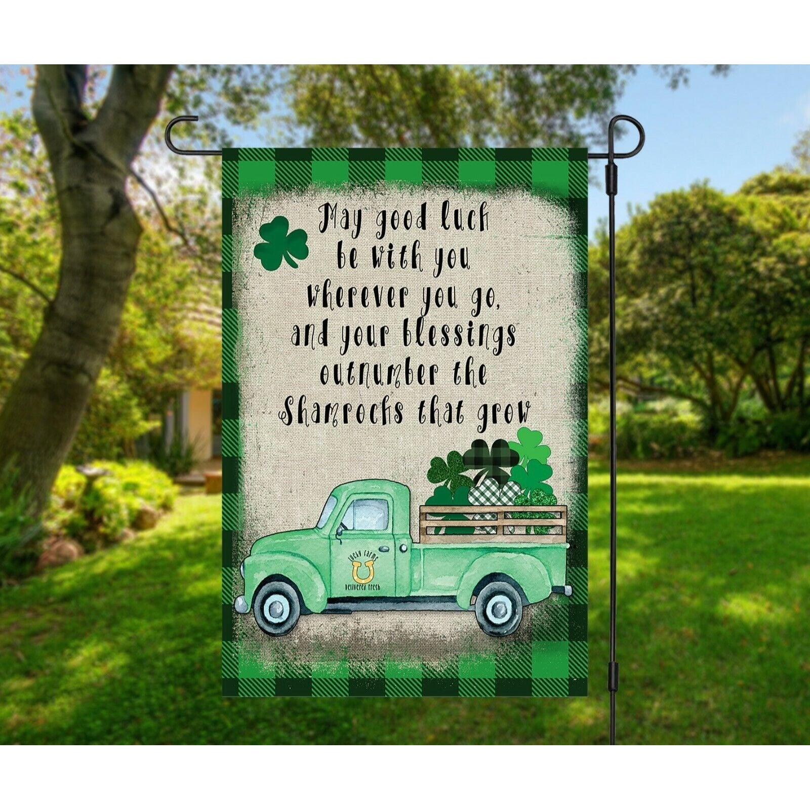 St Patrick's Day Garden Flag Irish Blessing on Green Plaid & Shamrock Truck NEW