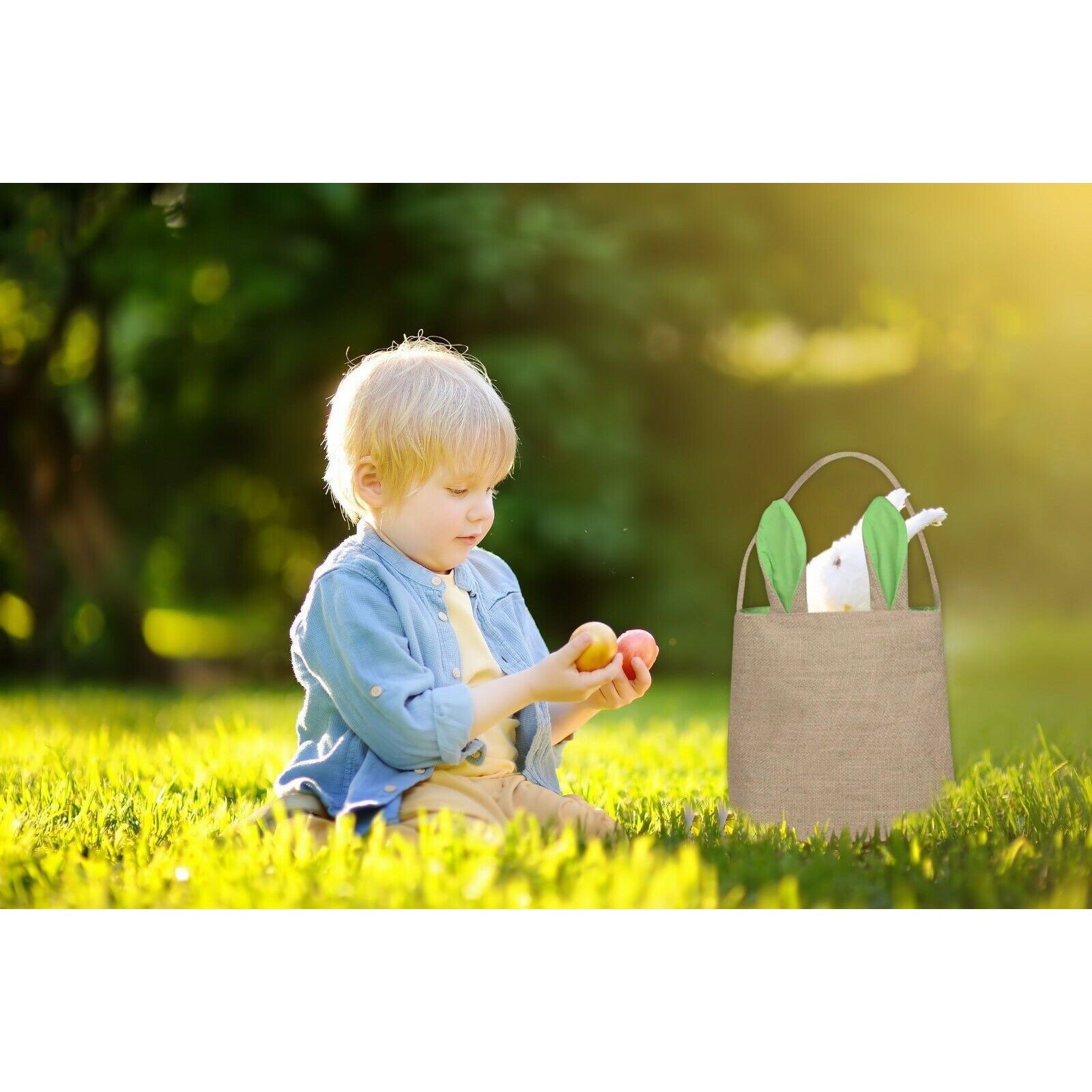 Easter Egg Hunt Basket Bag  Bunny Rabbit Lime Green Ear Design Reusable Book Bag