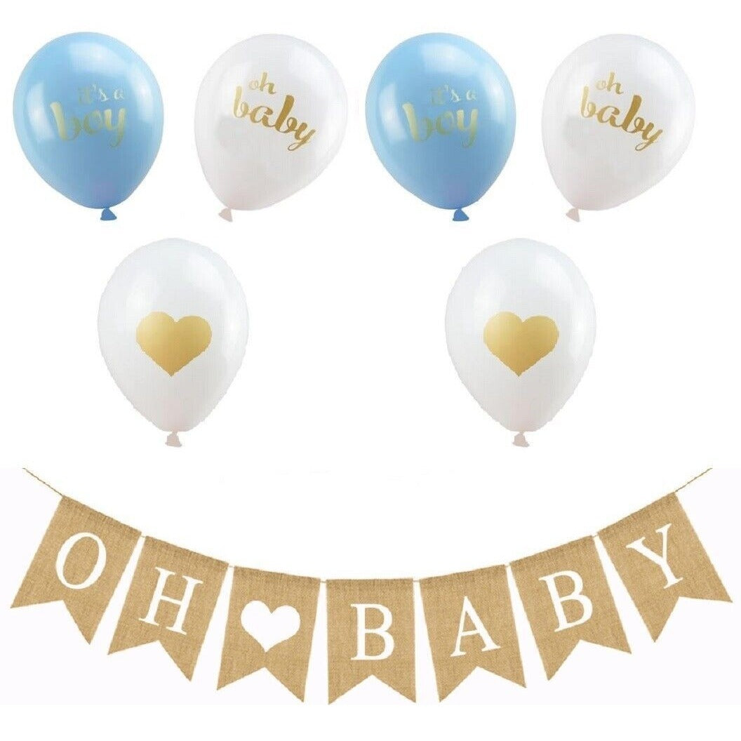 Oh Baby Burlap Banner Garland 6 It's A Boy Blue Baby Shower Party Balloons NEW