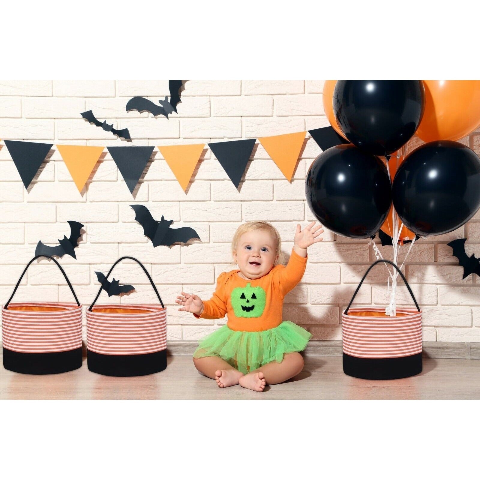 Orange and White Striped Halloween Bucket Bag Trick or Treat Reusable Candy Bag