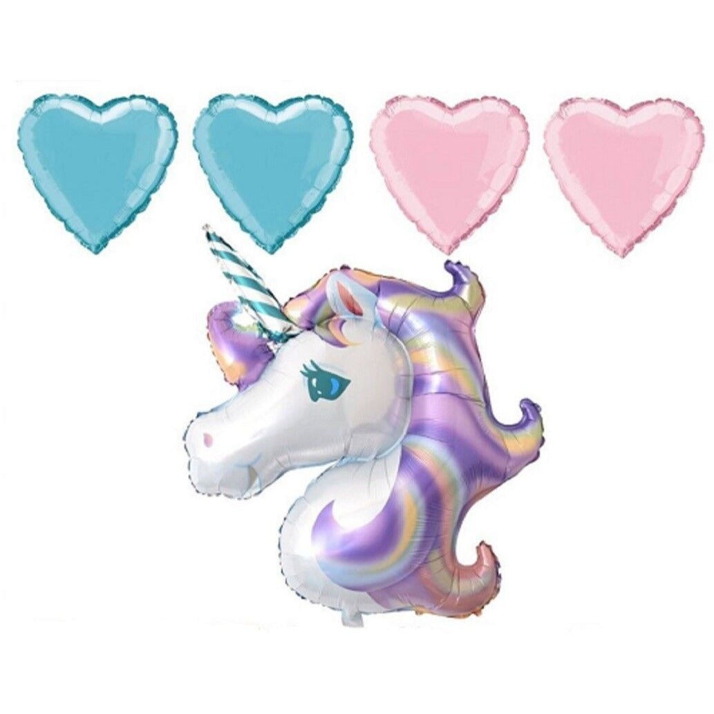 Unicorn XL Balloon Head 4 Heart Balloons Birthday Party Decorations 5 piece set