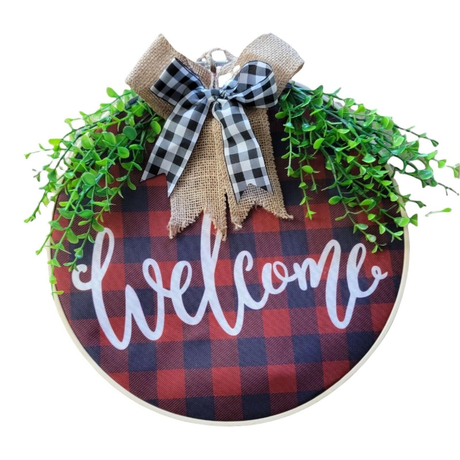 Welcome Sign for Front Door Hanger - Buffalo Plaid Wreath on Embroidery Hoop