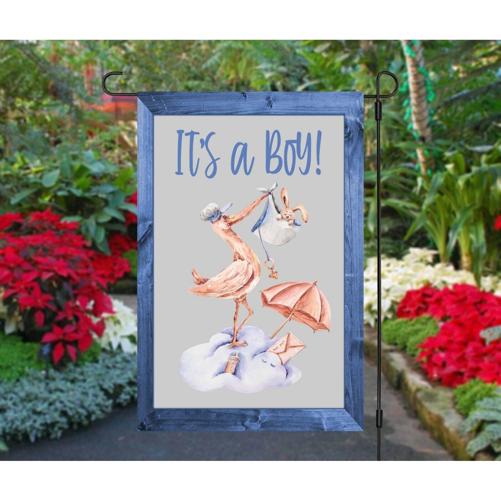 IT'S A BOY Garden Flag Stork Bringing a New Baby Double Sided Shower Arrival Sign NEW