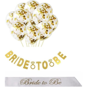 Gold Bridal Shower Party Set  Bride to Be Banner  White Sash  Gold Confetti Balloons