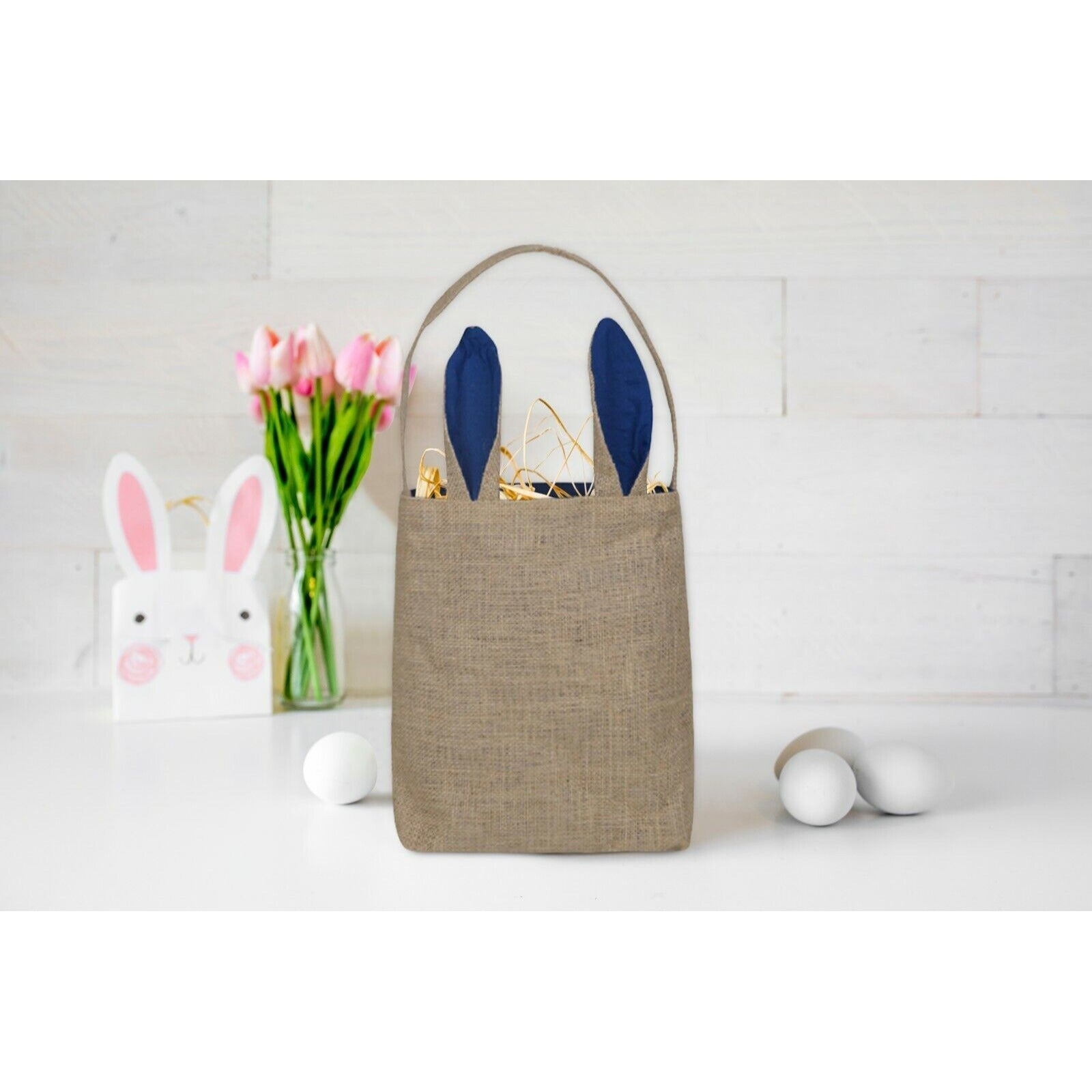 Easter Egg Hunt Basket Bag - Bunny Rabbit Navy Blue Ear Design Reusable Book Bag