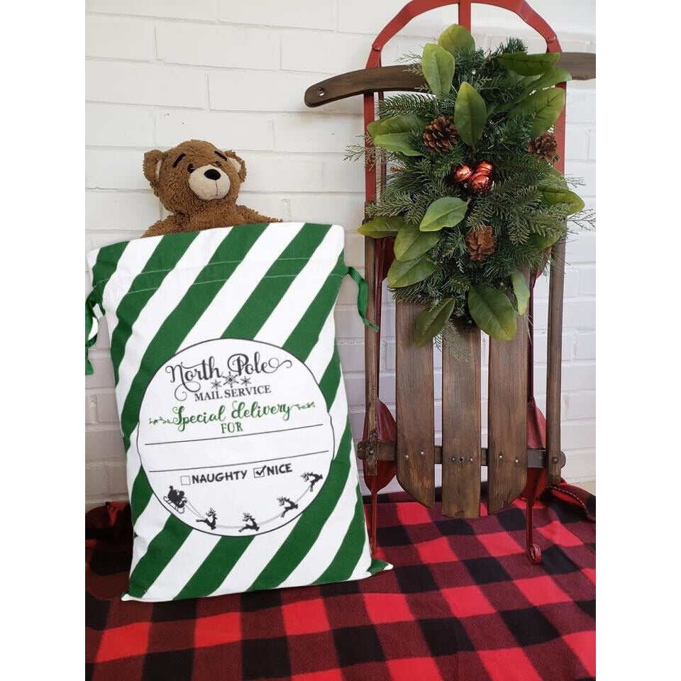 Green Candy Cane Christmas Bag Santa Sack Cotton XMAS Kids Gift Bags NEW